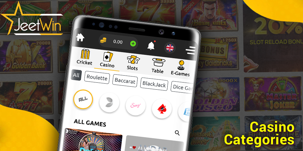 JeetWin mobile casino app categories