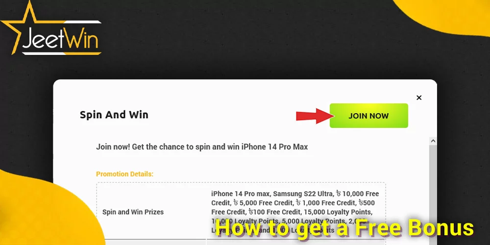 step-by-step instructions on how to get a free bonus at JeetWin casino