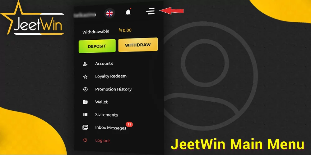 JeetWin BD এর প্রধান মেনু