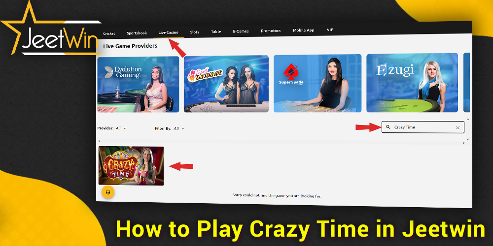 Instruction on how to start playing JeetWin Crazy Time game
