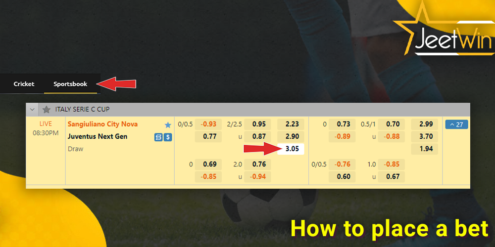 step-by-step instructions on how to place a bet on Soccer at JeetWin